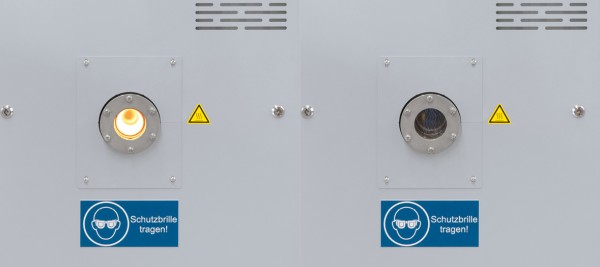 Cooled inspection glass made out of saphire glass (left at working temperature, right at room temperature)